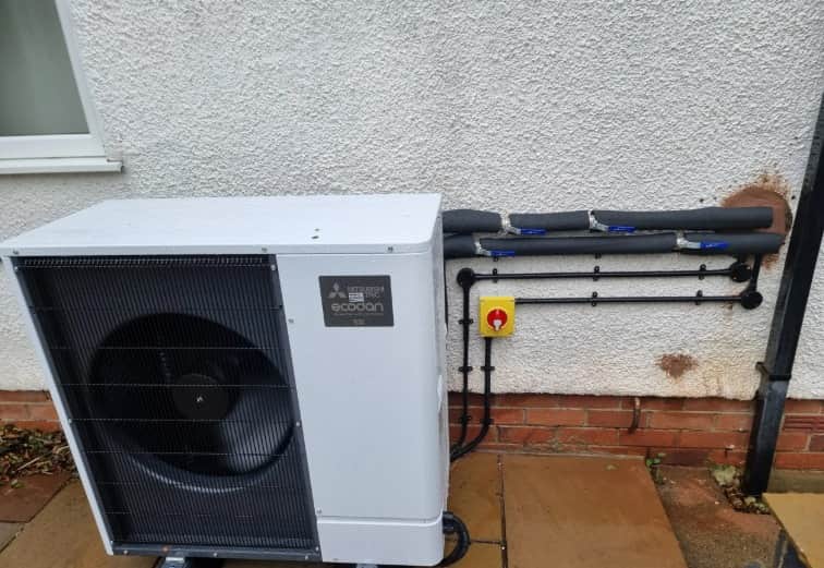 Mitsubishi Ecodan air source heat pump on a West Bromwich mid-terrace after a Boiler Upgrade Scheme install